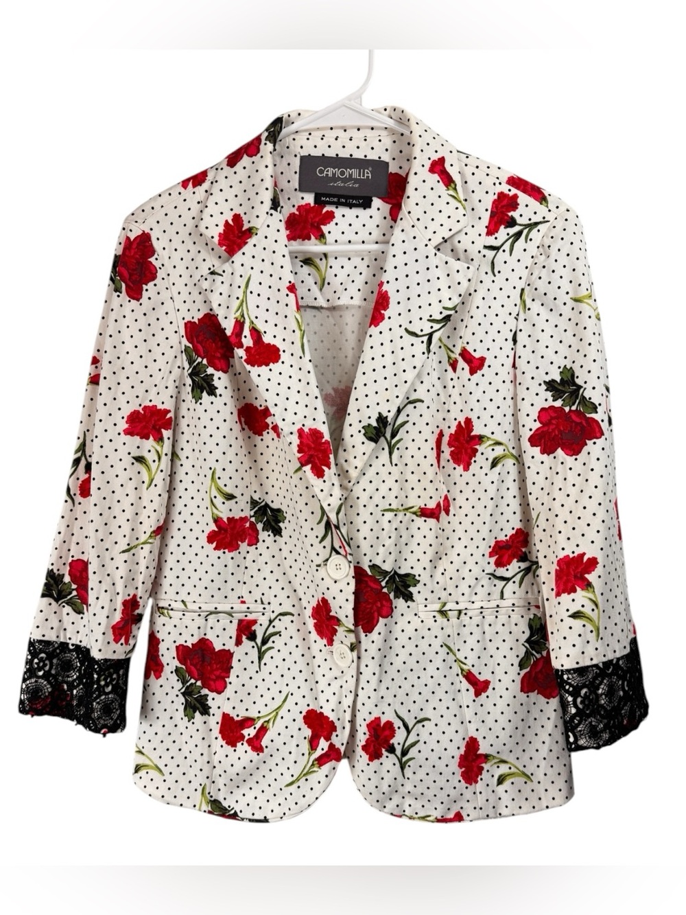 Camomilla Italia Size 44 Small Blazer Jacket Red Roses Polka Dot Lace Trim Retro